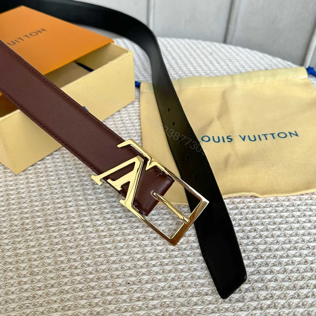 View 2 of Brown Leather Belt with Gold Buckle - Luxury Classic Style, Premium