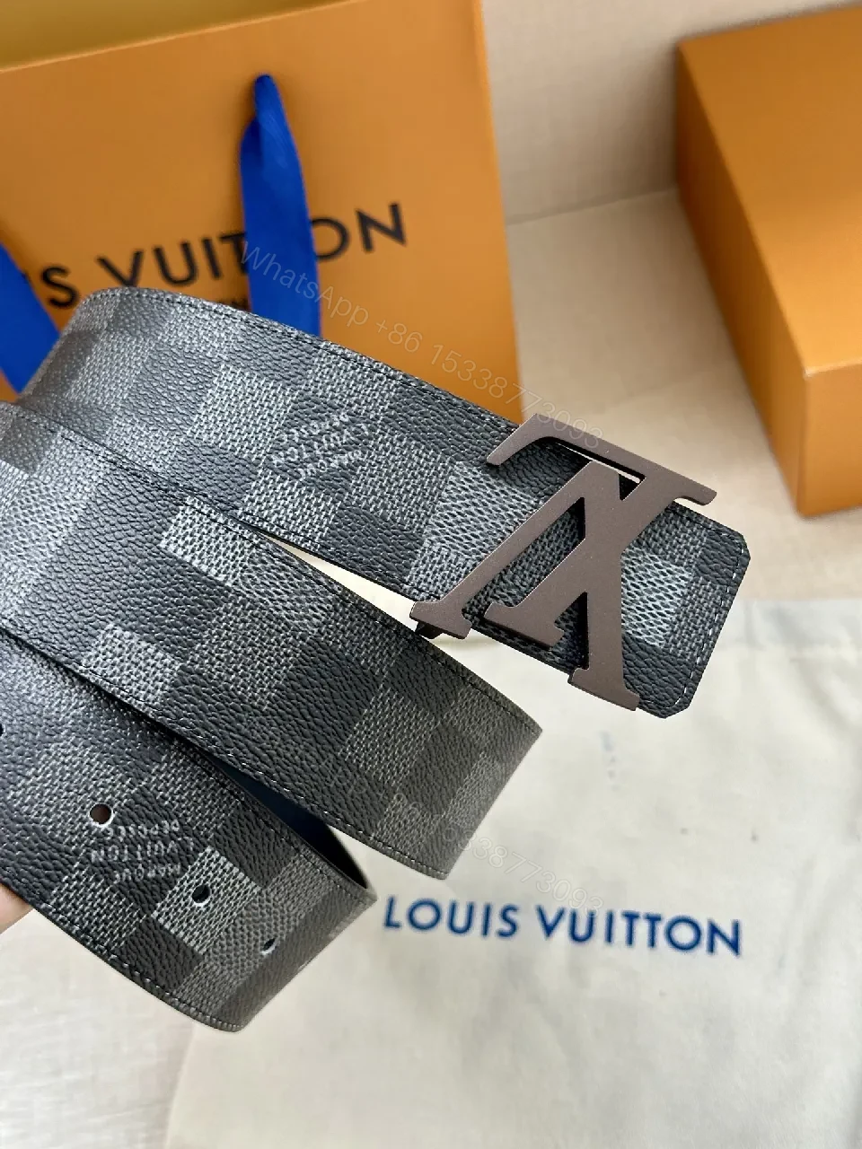 View 3 of Checkerboard Leather Belt with Gunmetal Buckle, Unisex Style