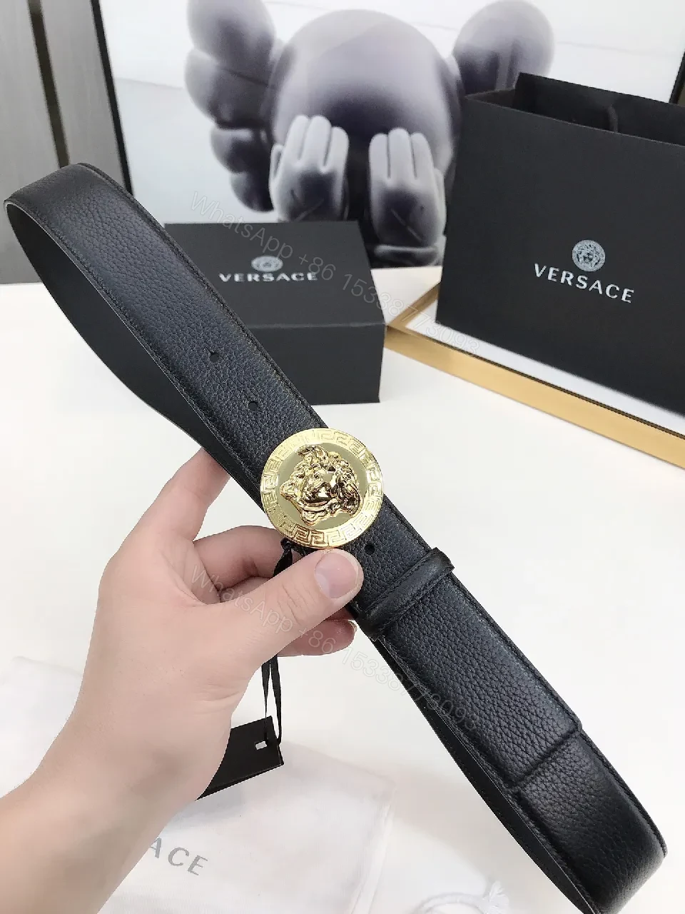 View 7 of Black Leather Belt with Gold Medusa Buckle, Signature Style
