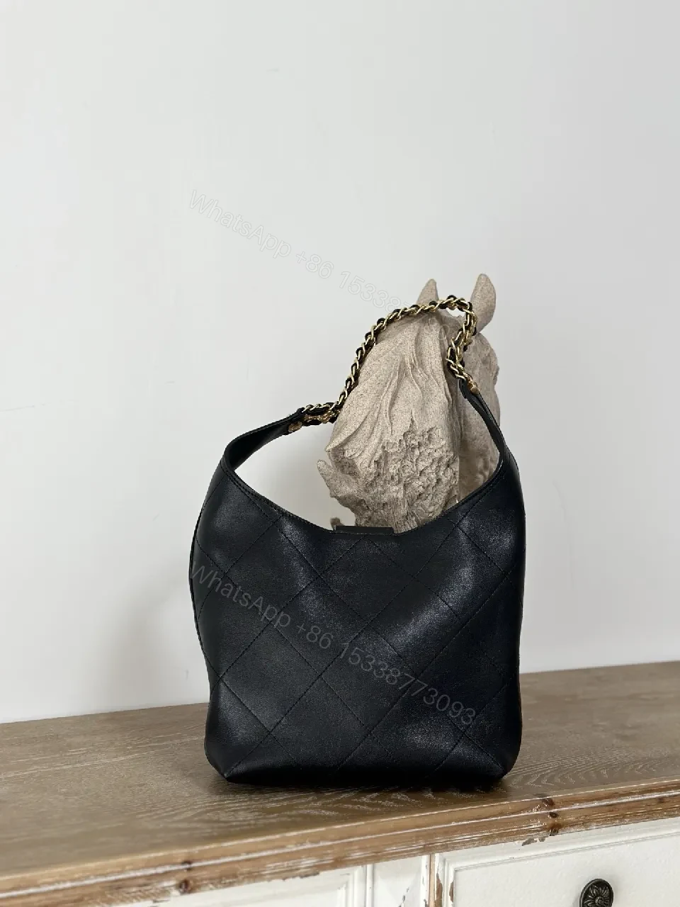 View 3 of Quilted Shoulder Bag with Chain Strap - Gold Emblem Luxe