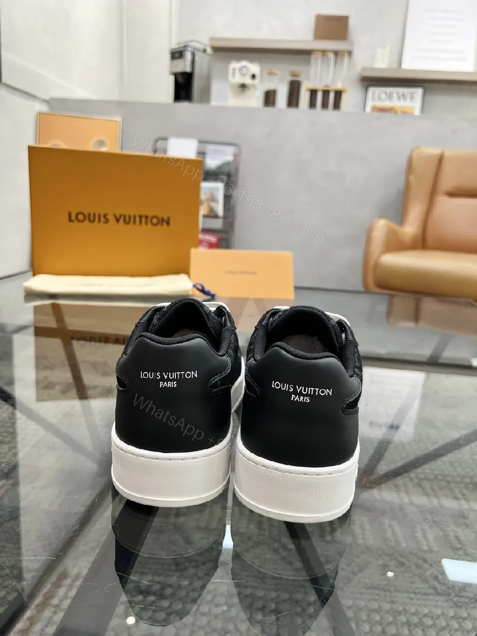 View 4 of Denim-Texture Sneakers with LV-Inspired Embroidery, All-Day Comfort