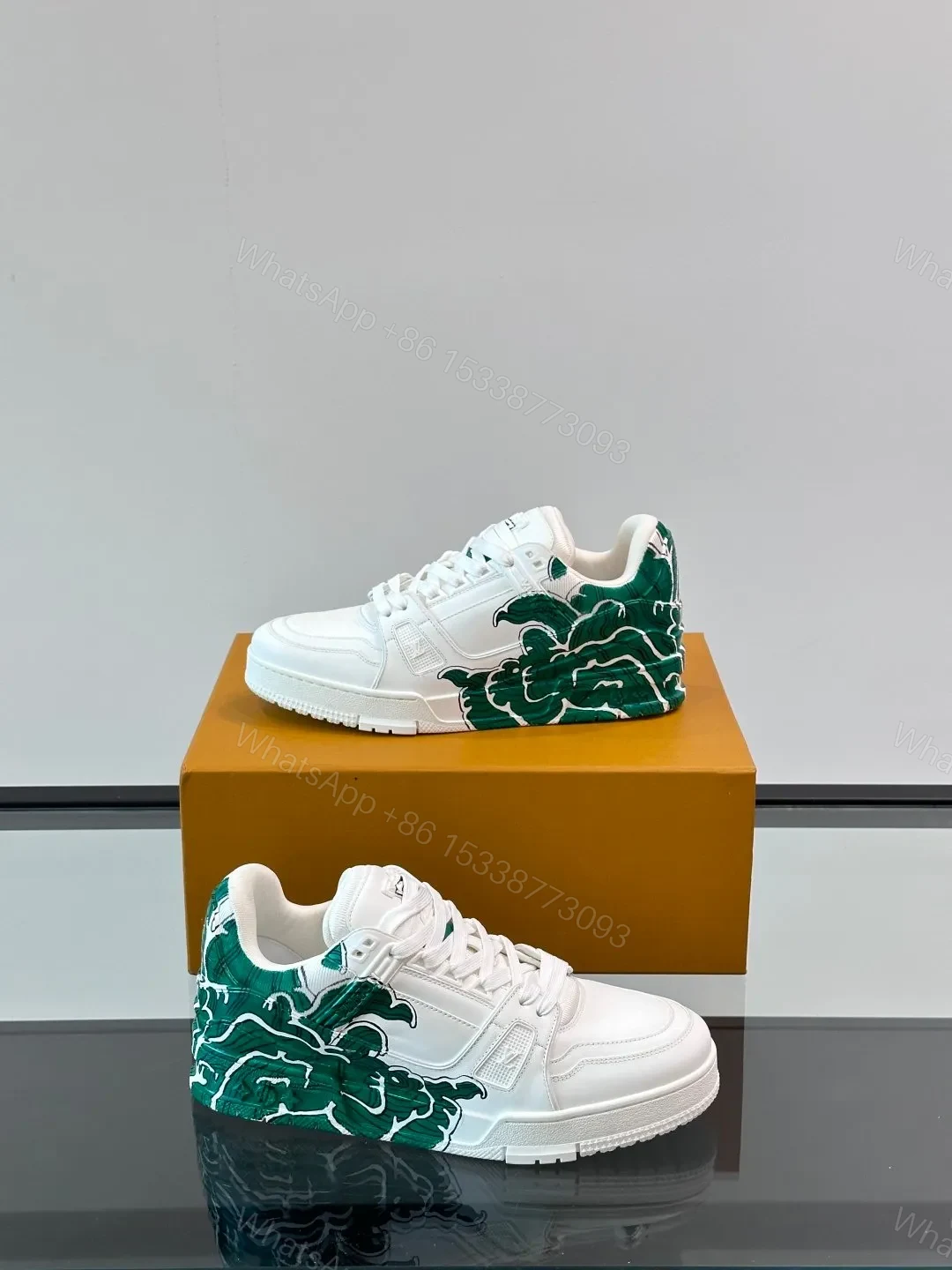 View 4 of LV Men White Leather Sneakers With Green Graphic