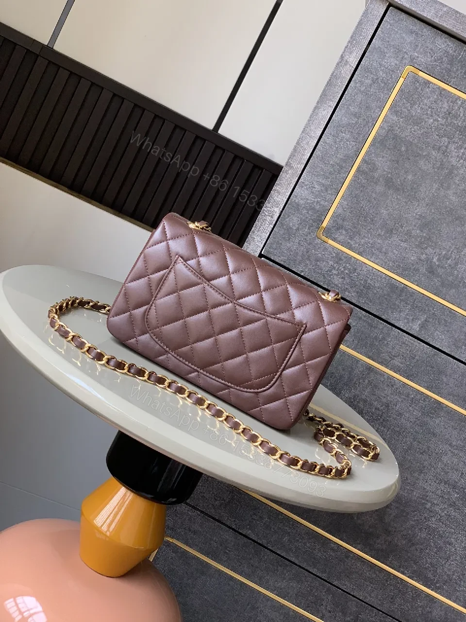 View 6 of Dusty Mauve Quilted Leather Crossbody Bag - Diamond-Quilted Luxury