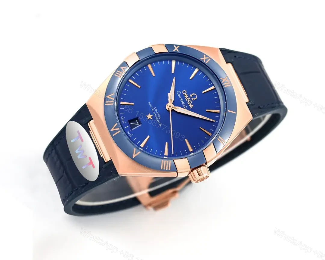View 3 of Omega Constellation Meteorite Series 5th Generation Watch 41mm Blue Dial Rose Gold Case Leather Strap