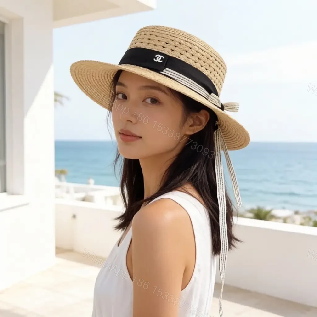 View 8 of Natural Straw Fedora Hat with Bow Ribbon Detail - Chanel Logo