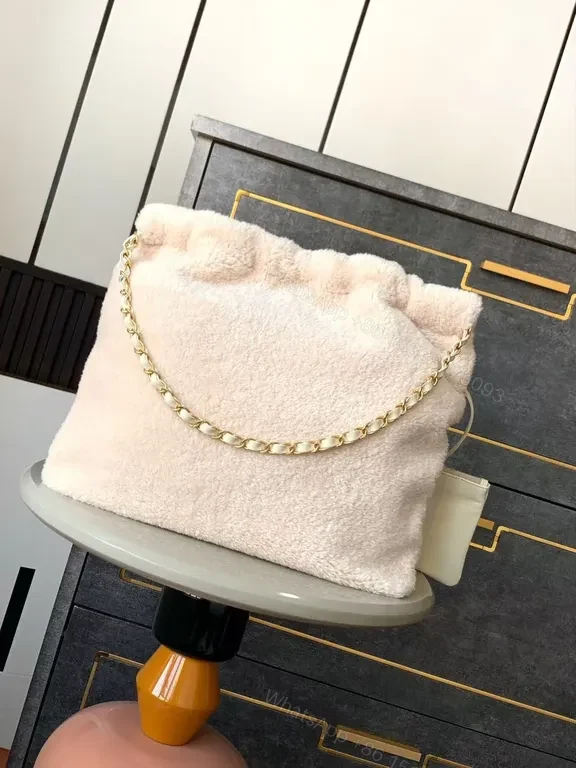 View 5 of Soft Texture Tote: Faux Shearling, Gold Chain, Couture Style