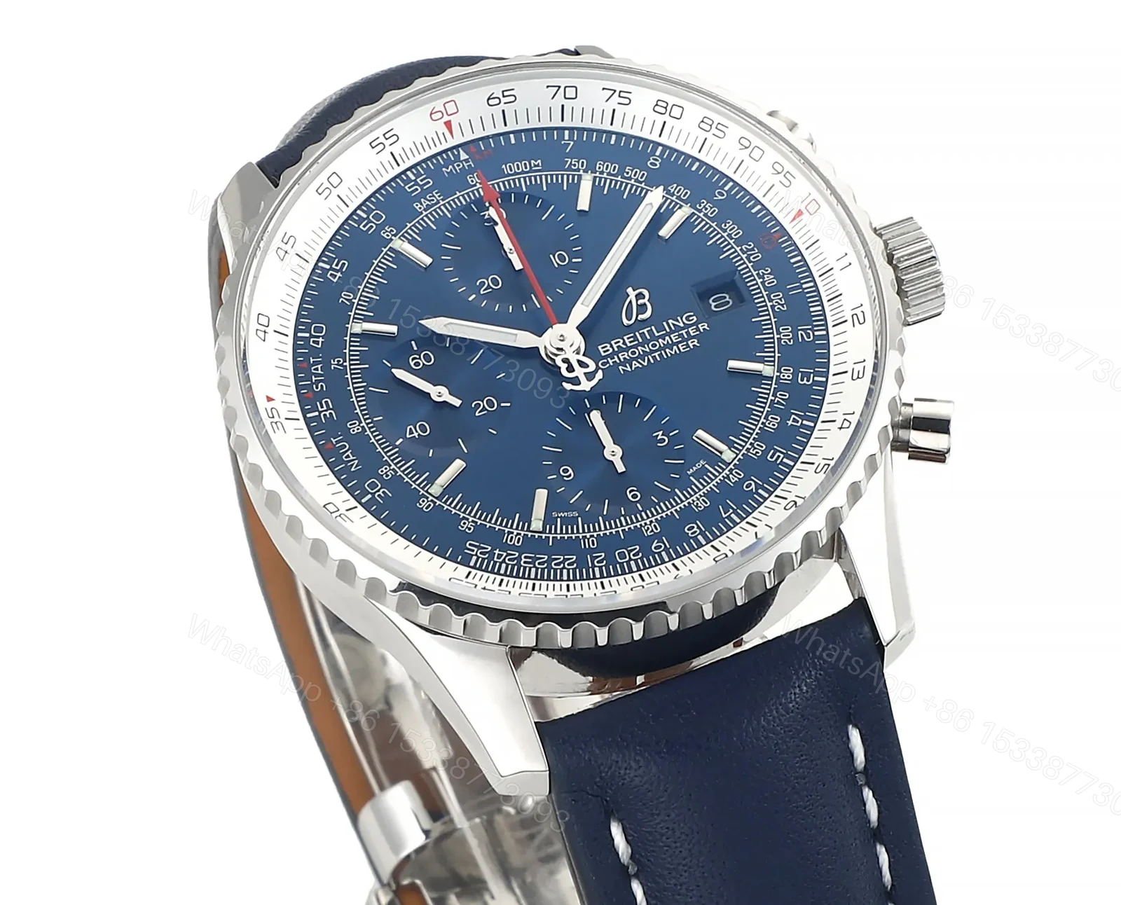 View 3 of GF Factory Breitling Navitimer B01 Chronograph 43mm Blue Dial Stainless Steel Leather Strap Watch