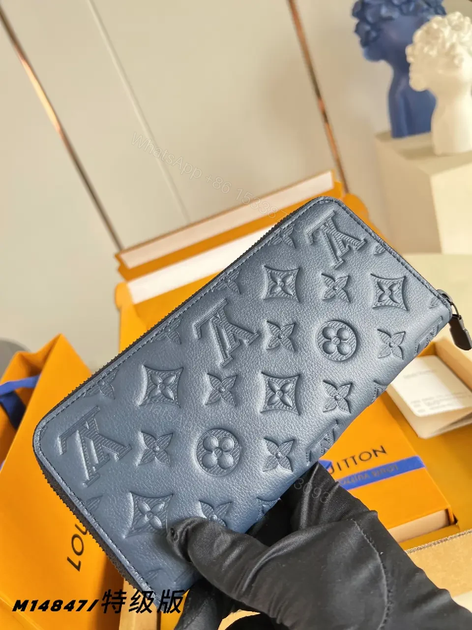 View 5 of Blue Embossed Leather Minimalist Zip Wallet with LV Pattern