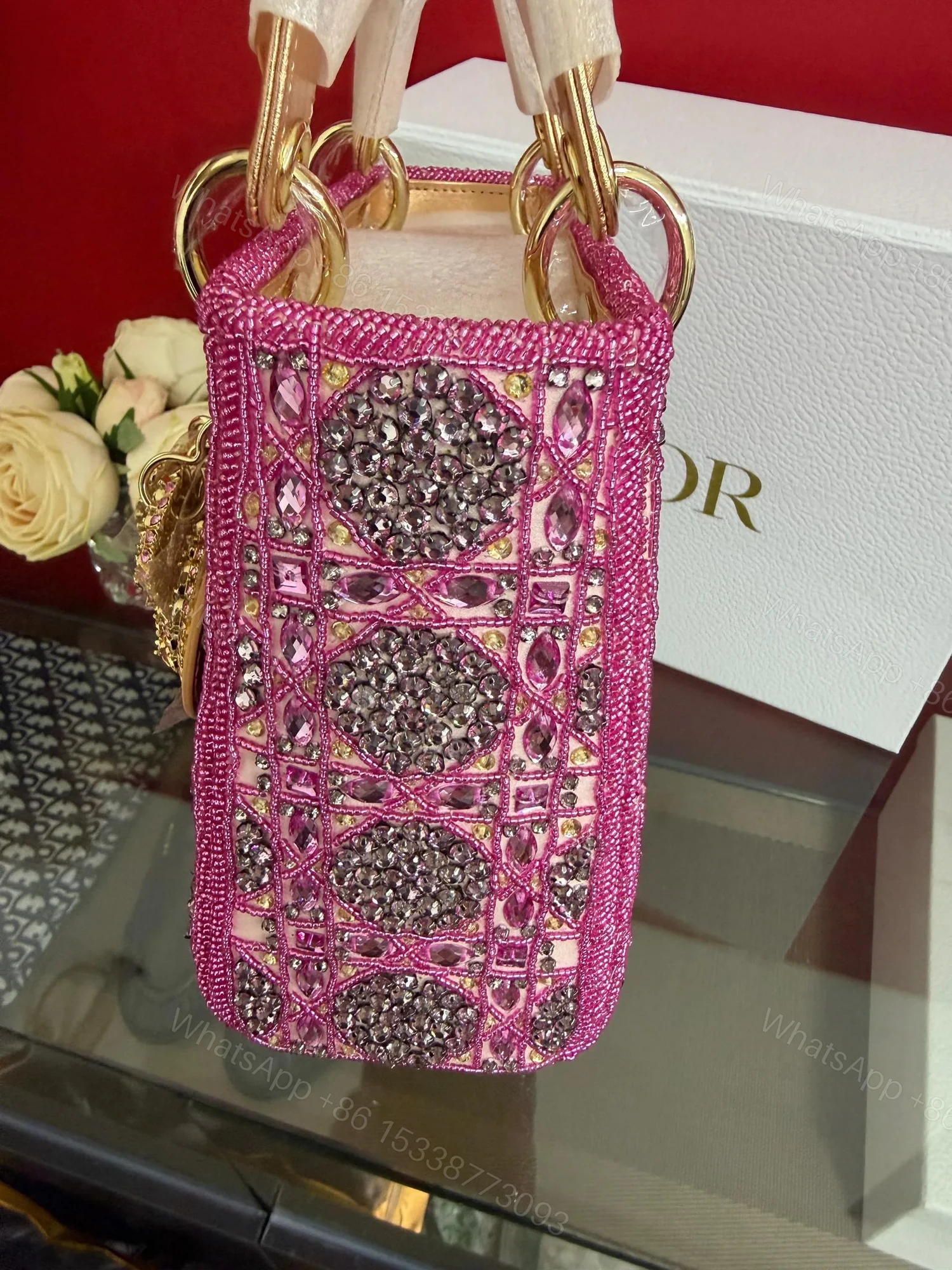 View 8 of LADY DIOR BAG Metallic Calfskin & Satin with Rose Des Vent