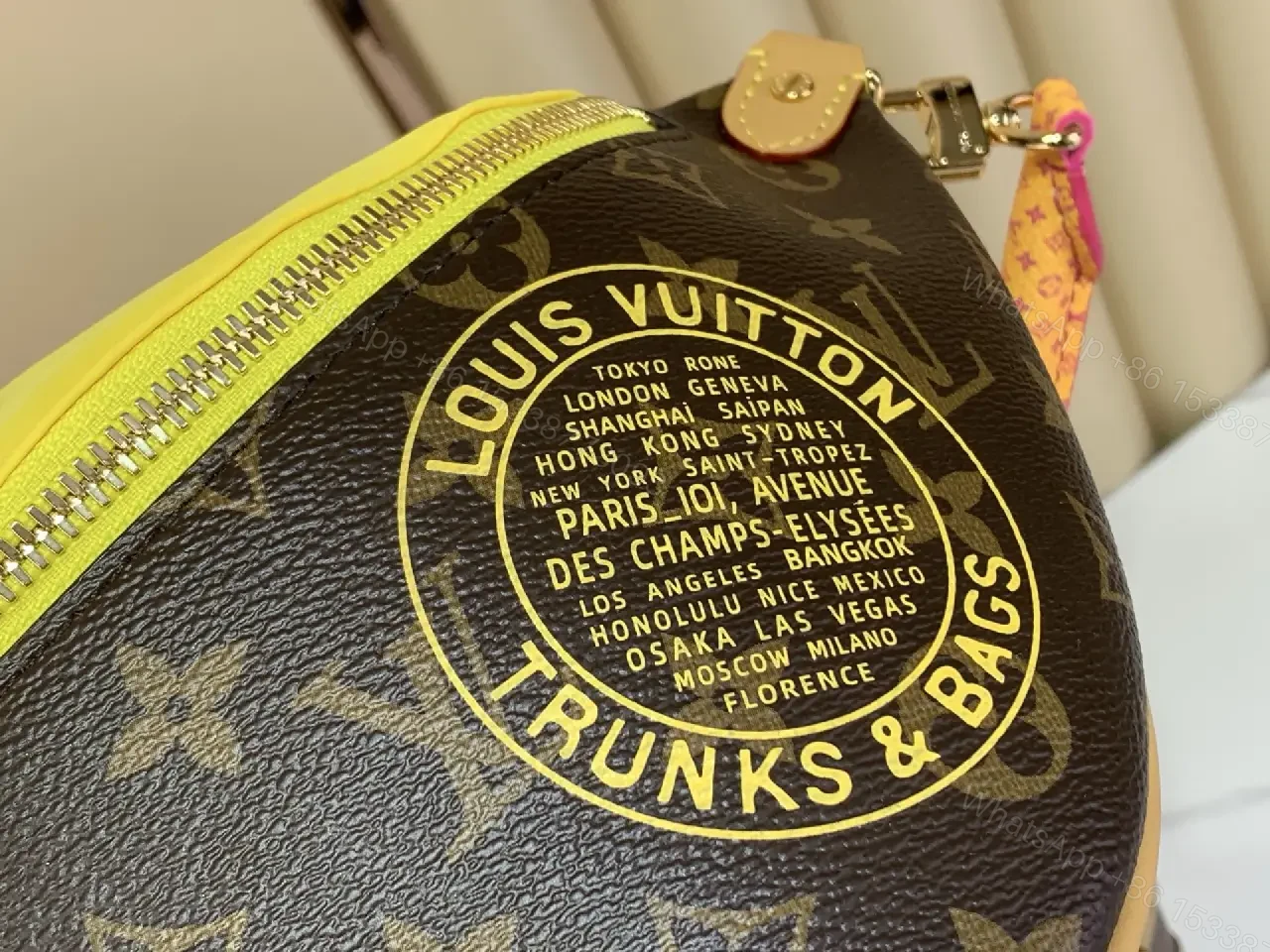 View 9 of Dark Brown LV Monogram Crescent Belt Bag with Yellow Top Panel