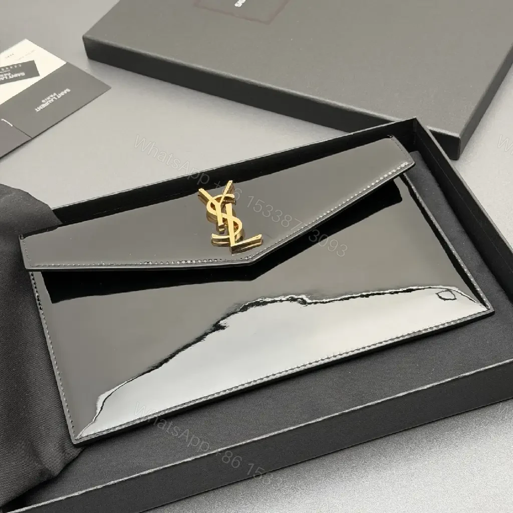 View 7 of Glossy Patent Envelope Clutch: Luxe Gold Logo Wallet