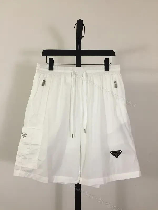 White Linen Cargo Shorts, Drawstring, Zipper Pockets, Prada Style — view 1