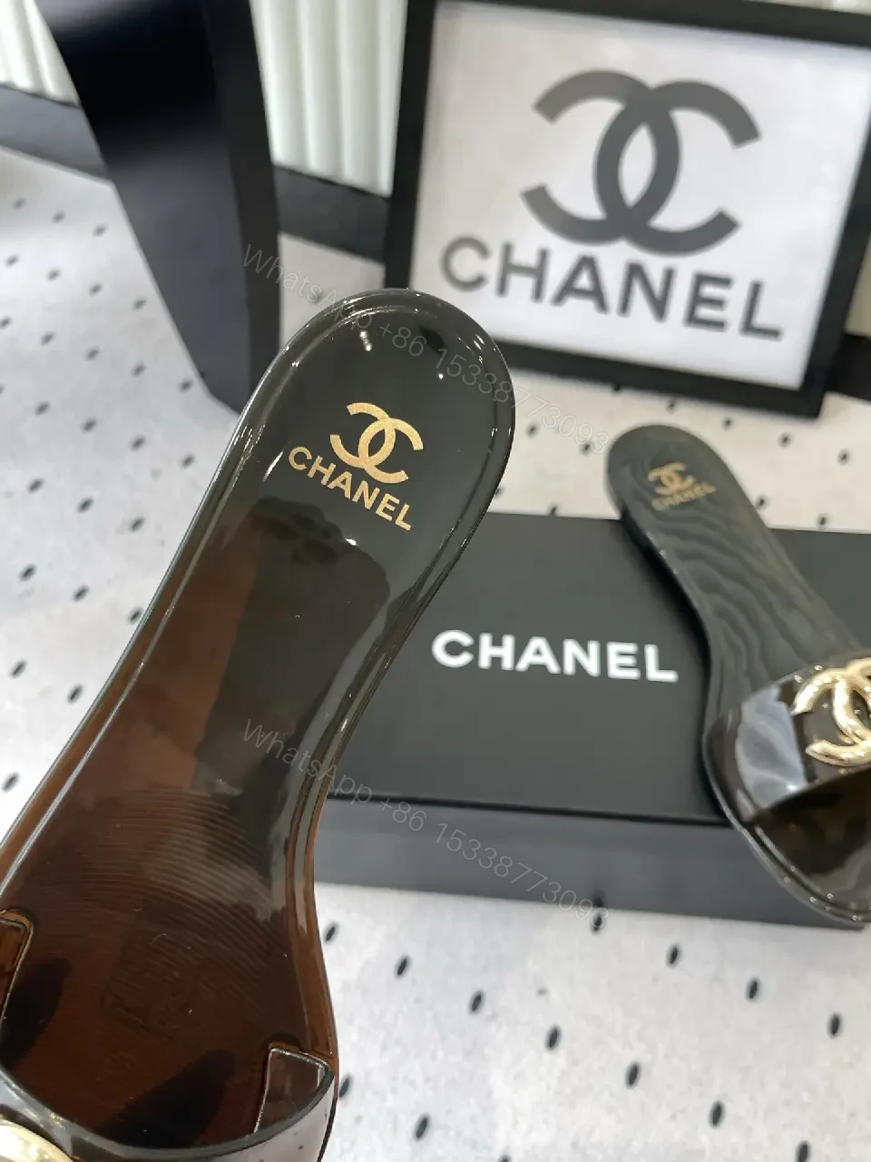 View 4 of Black Patent Leather Slides Gold Chanel Logo - Slide Sandals