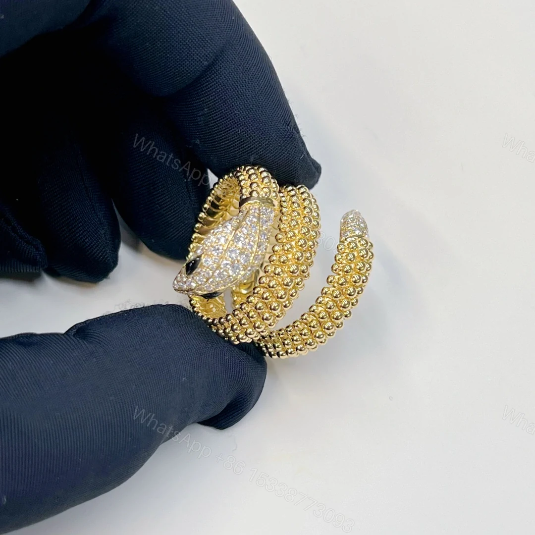 View 4 of 18K Gold Bvlgari Serpenti Two-Coil Ring With Head and Tail Diamonds Onyx 358655