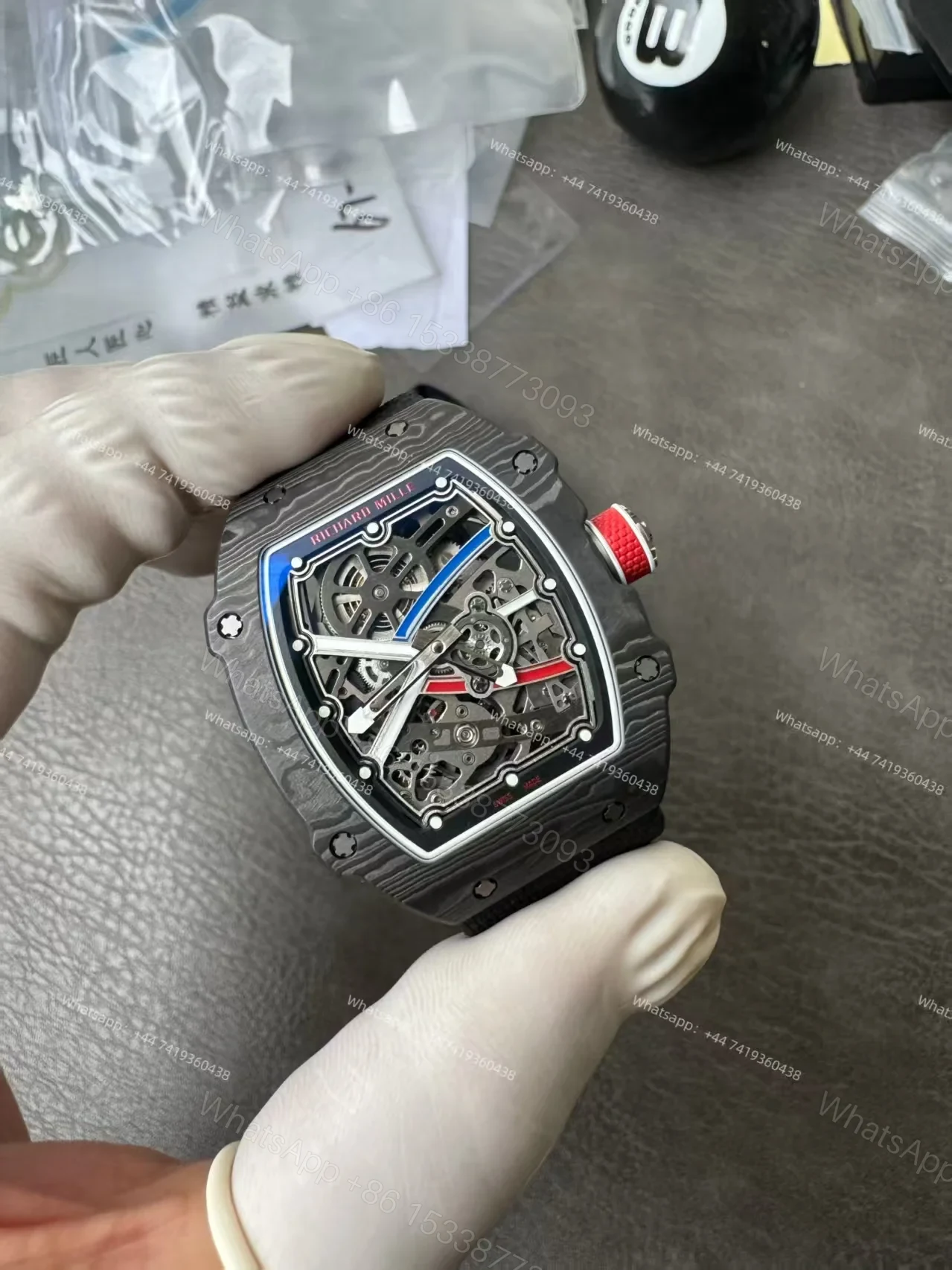 View 9 of Super Clone Richard Mille RM67-02 Carbon TPT Skeleton Tourbillon 1:1 Replica Watch with Black Strap