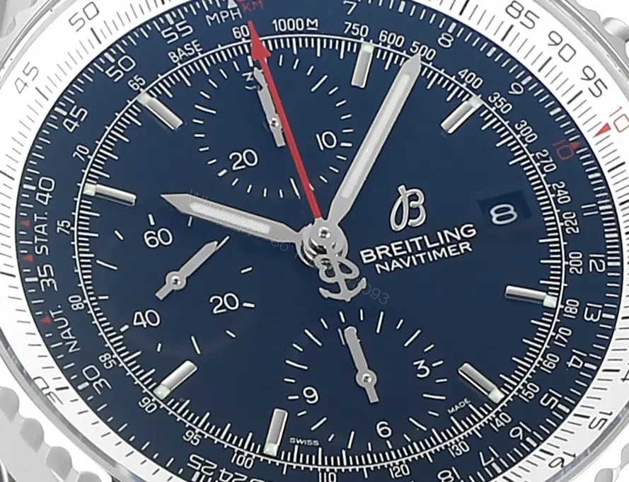 View 5 of OM Factory Breitling Navitimer Chronograph Watch – 43mm, Stainless Steel, Blue Dial, Pilot Style