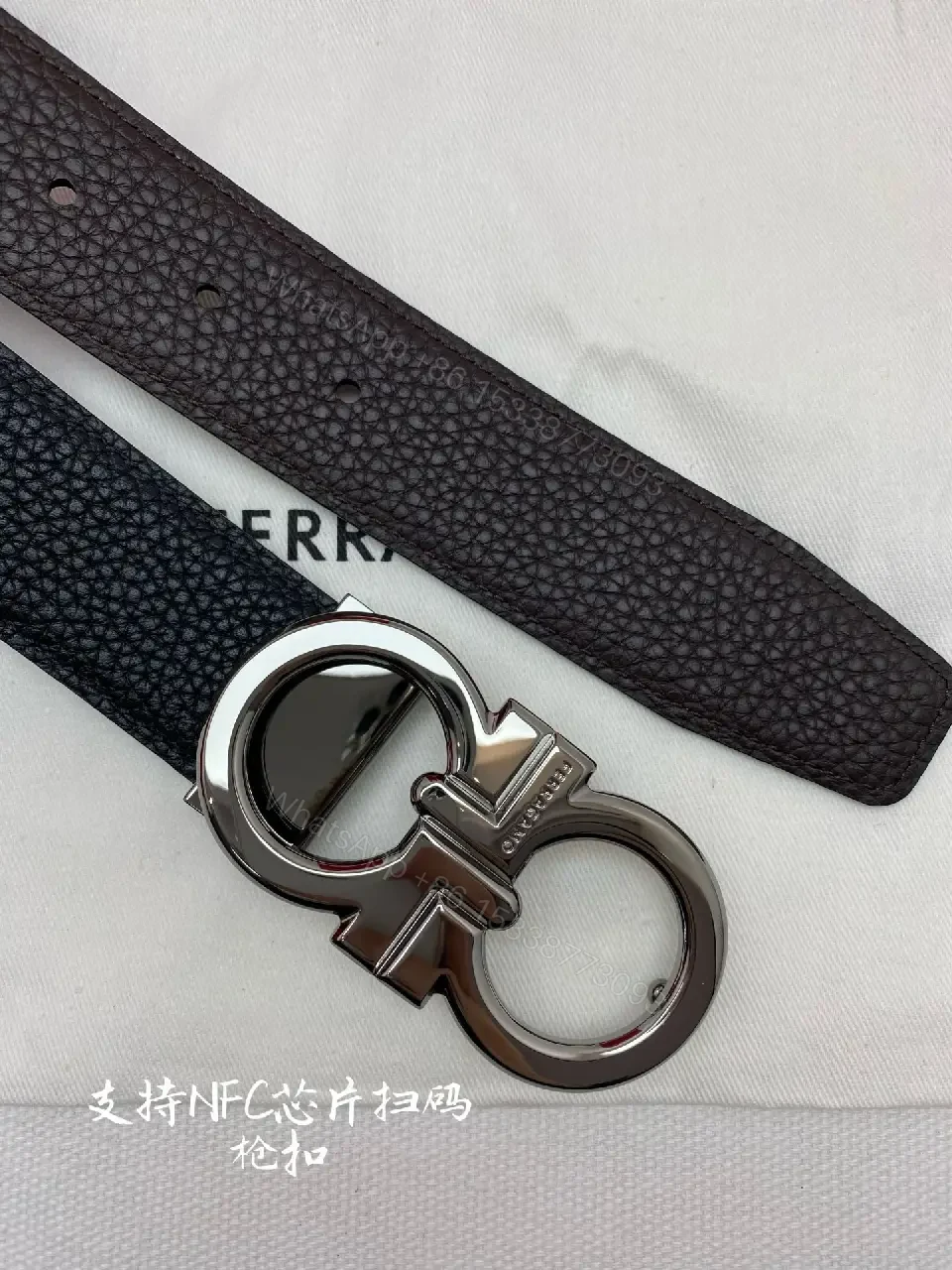 View 5 of Lux Leather Belt with Double-Gancini Buckle - Black Leather, Men’s Style