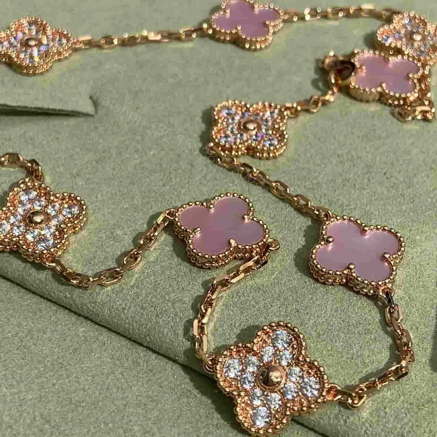 View 2 of VCA 18K Rose Gold Alhambra Necklace Pink Mother-Of-Pearl 10 Motifs Diamonds