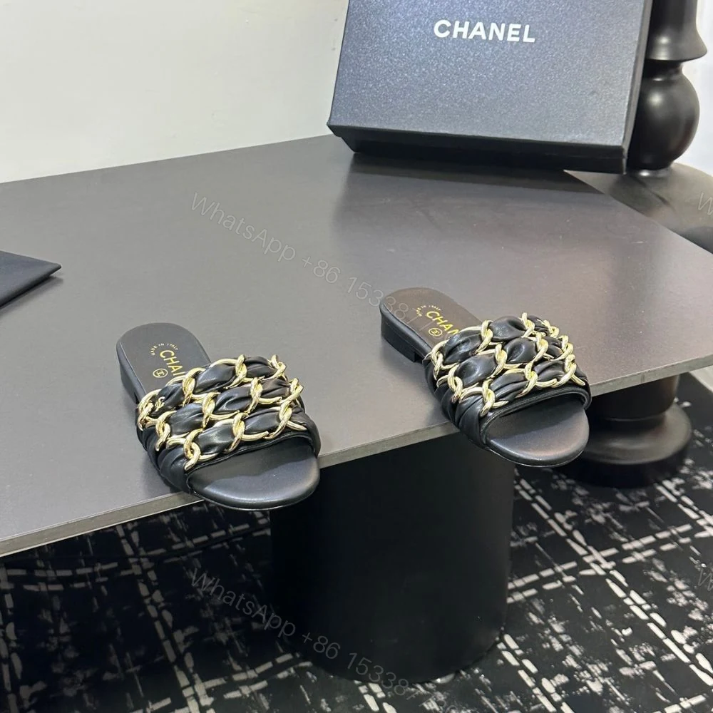 View 3 of Chanel Slide Sandals Gold Chain Black