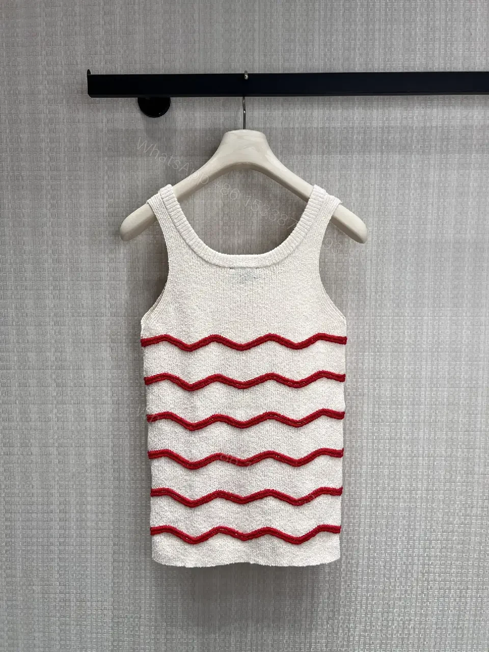 View 3 of White Knit Tank Top Red Wave Knit Sleeveless Chic Chanel-inspired Tank Top
