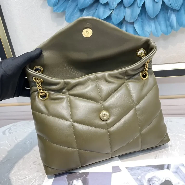 View 9 of Taupe Olive Quilted Leather Shoulder Bag with Gold Hardware â€“ Luxe Everyday Style