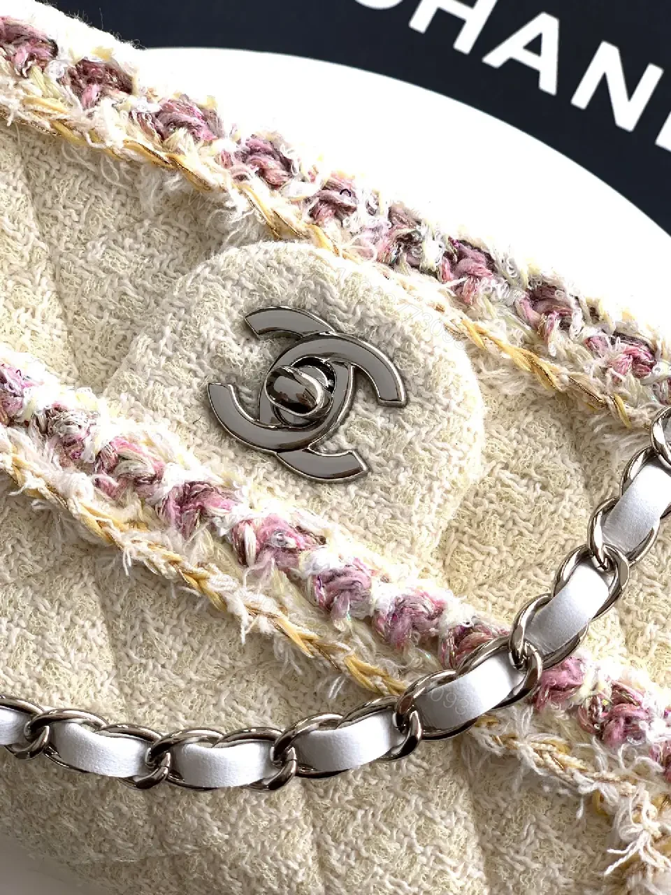 View 8 of Quilted Mini Bag: Ivory-Texture Couture, Floral Edge, Chain