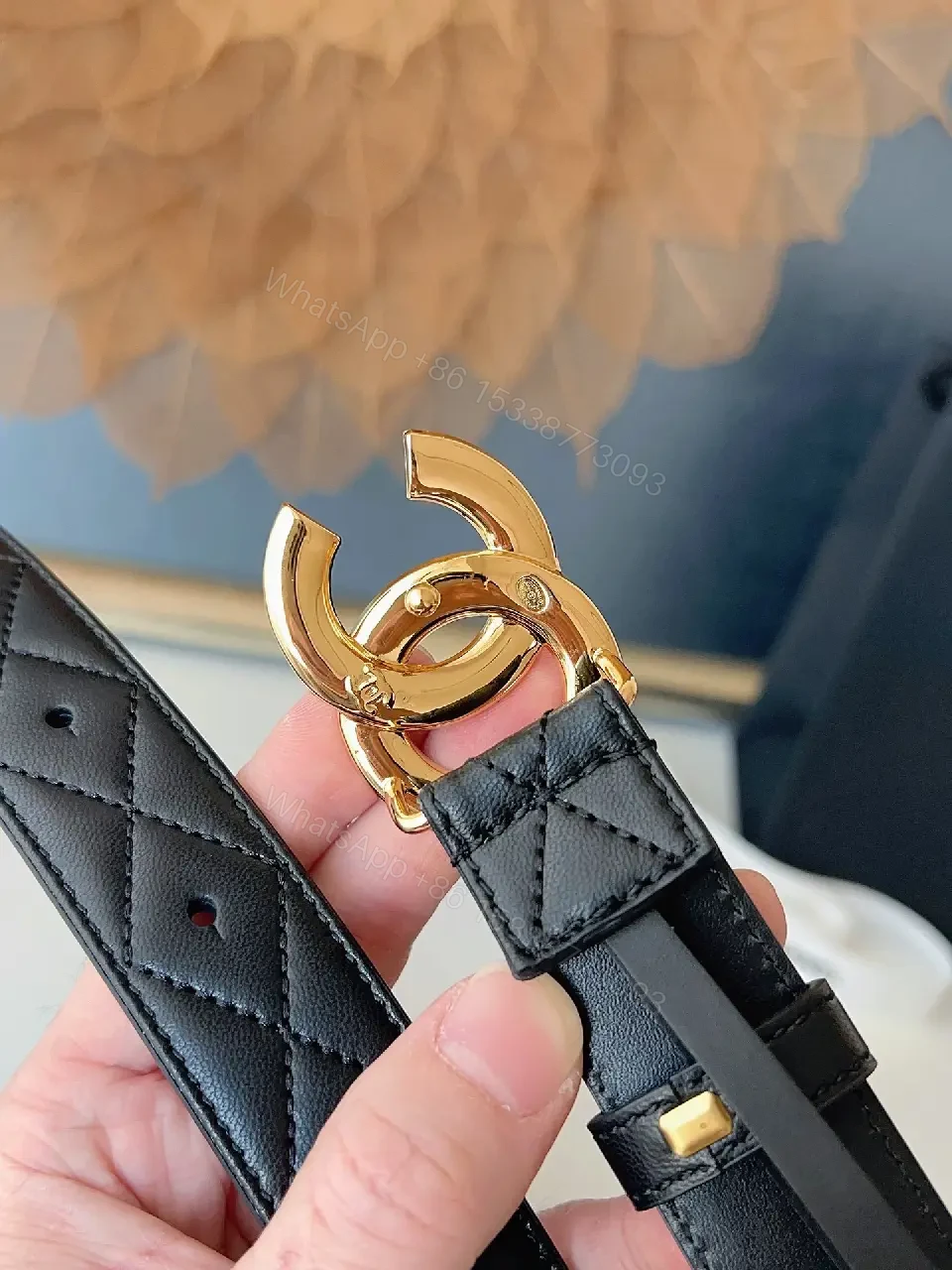 View 9 of Chic Quilted Leather Belt with Gold-C Buckle (60)