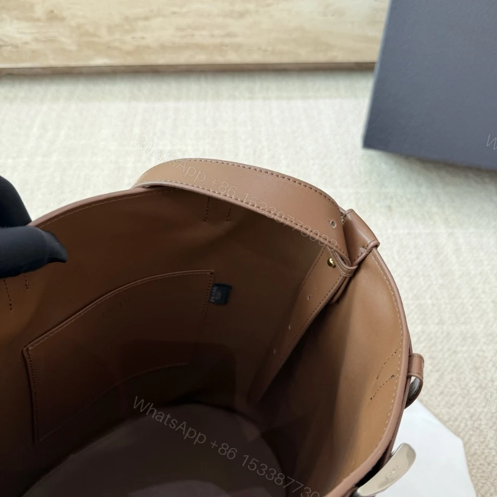 View 9 of Prada Suede Buckle Bucket Bag With Belt Brown 28Cm