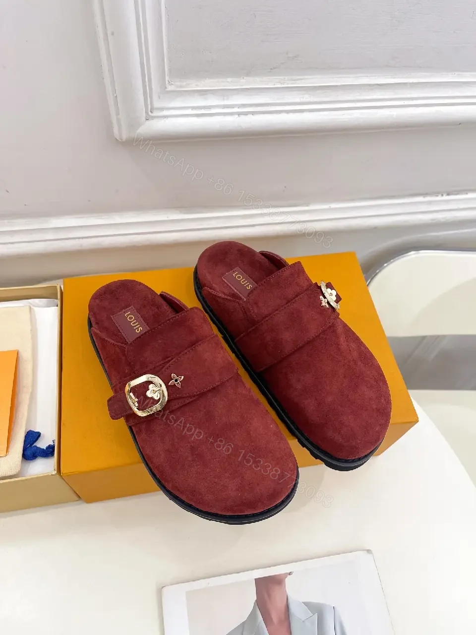 View 2 of Burgundy Suede Slipper Mule with Gold Buckle