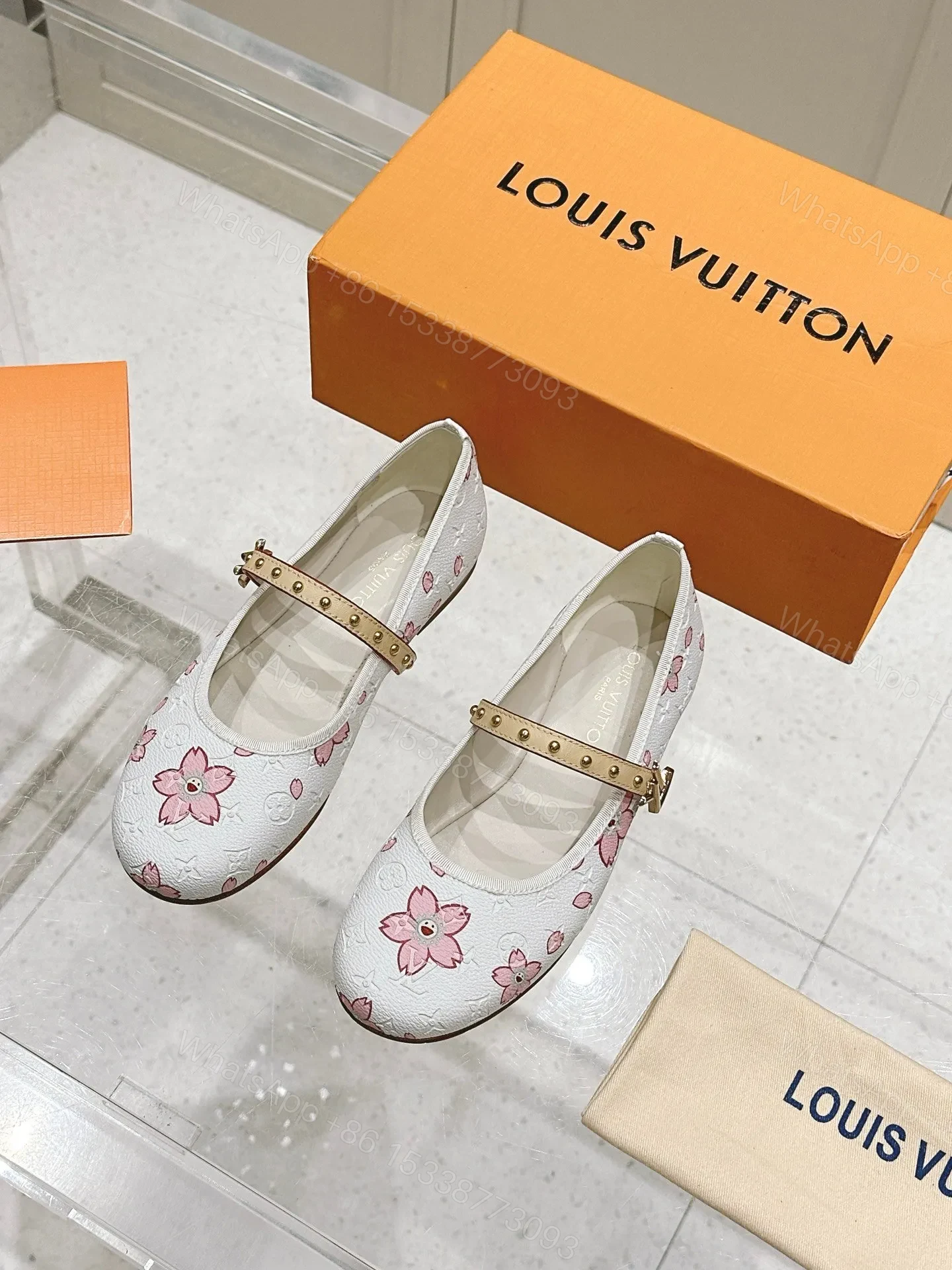 View 3 of LV Women White Leather Pink Floral Mary Janes