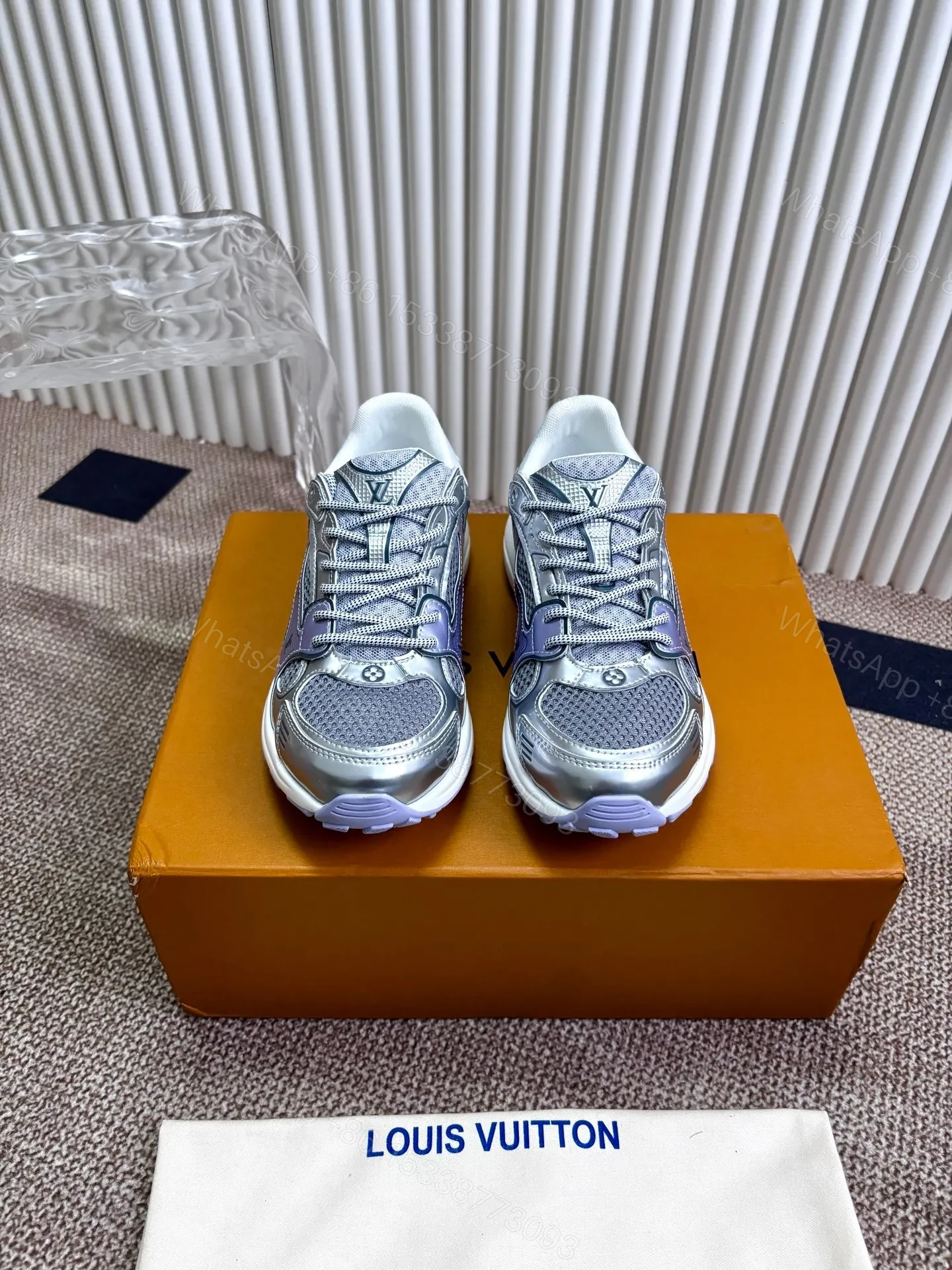 View 3 of LV Women Silver Mesh And Leather Sneakers