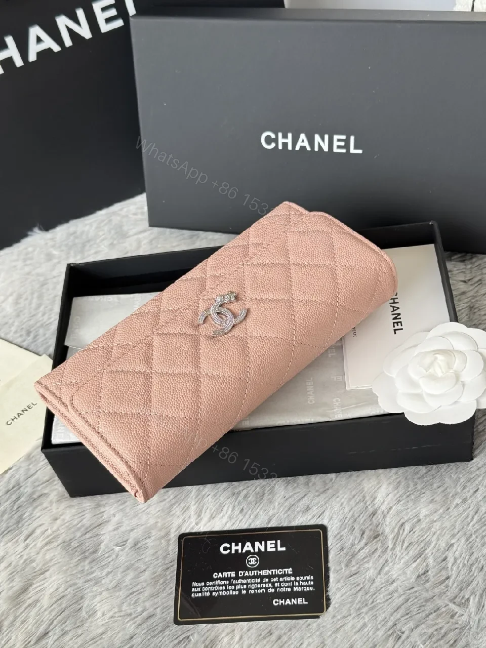 View 6 of Soft Pink Quilted Wallet with Silver Emblem - Compact Luxury Wallet