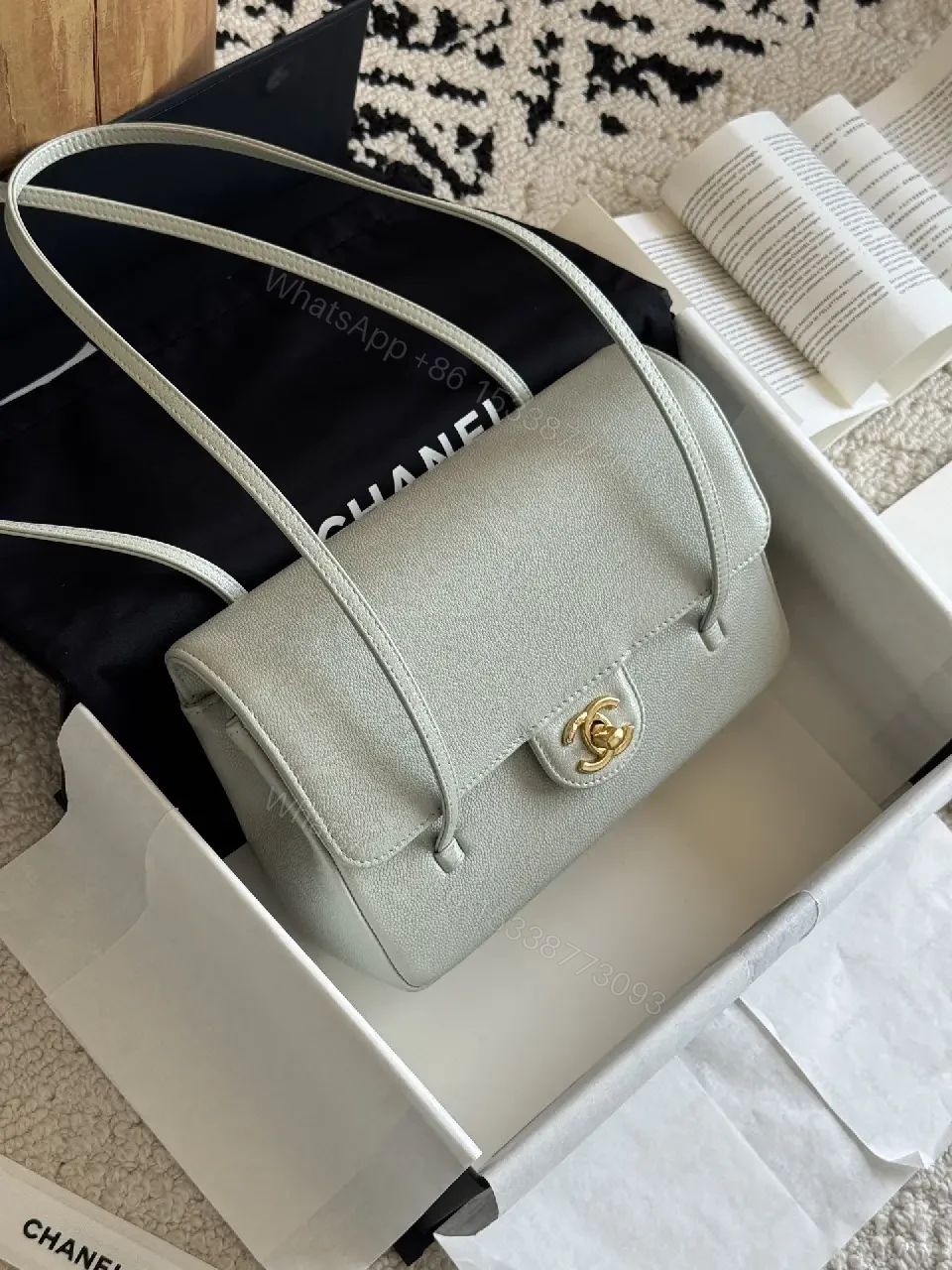 View 6 of Light Gray Pebbled Leather Structured Handbag with Gold Turn-Lock Clasp