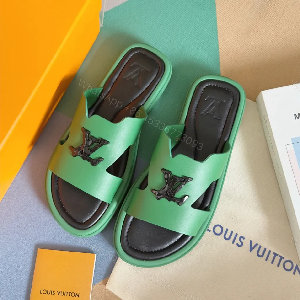 View 6 of Green Leather Sandals with Bold Logo, Comfort-Oriented Sandals