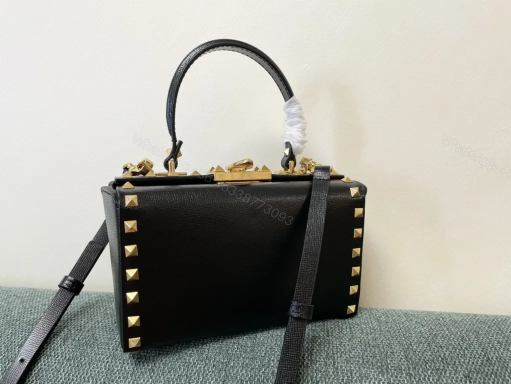 View 5 of Bold Black Leather Handbag with Gold Studs - Valentino Style Bag