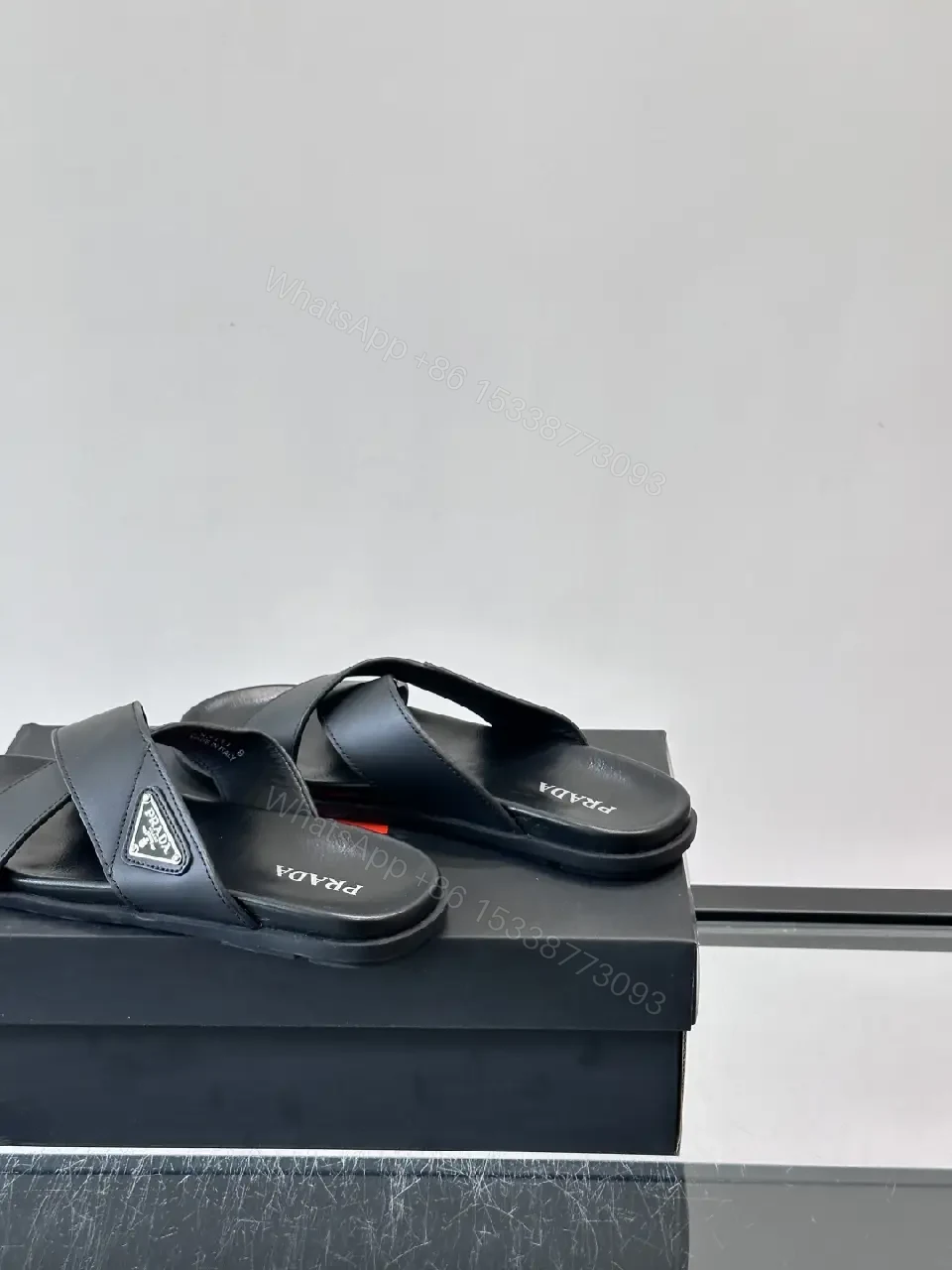 View 6 of Black Leather Slides Prada Logo Slide Sandals Comfort Fit Sandals