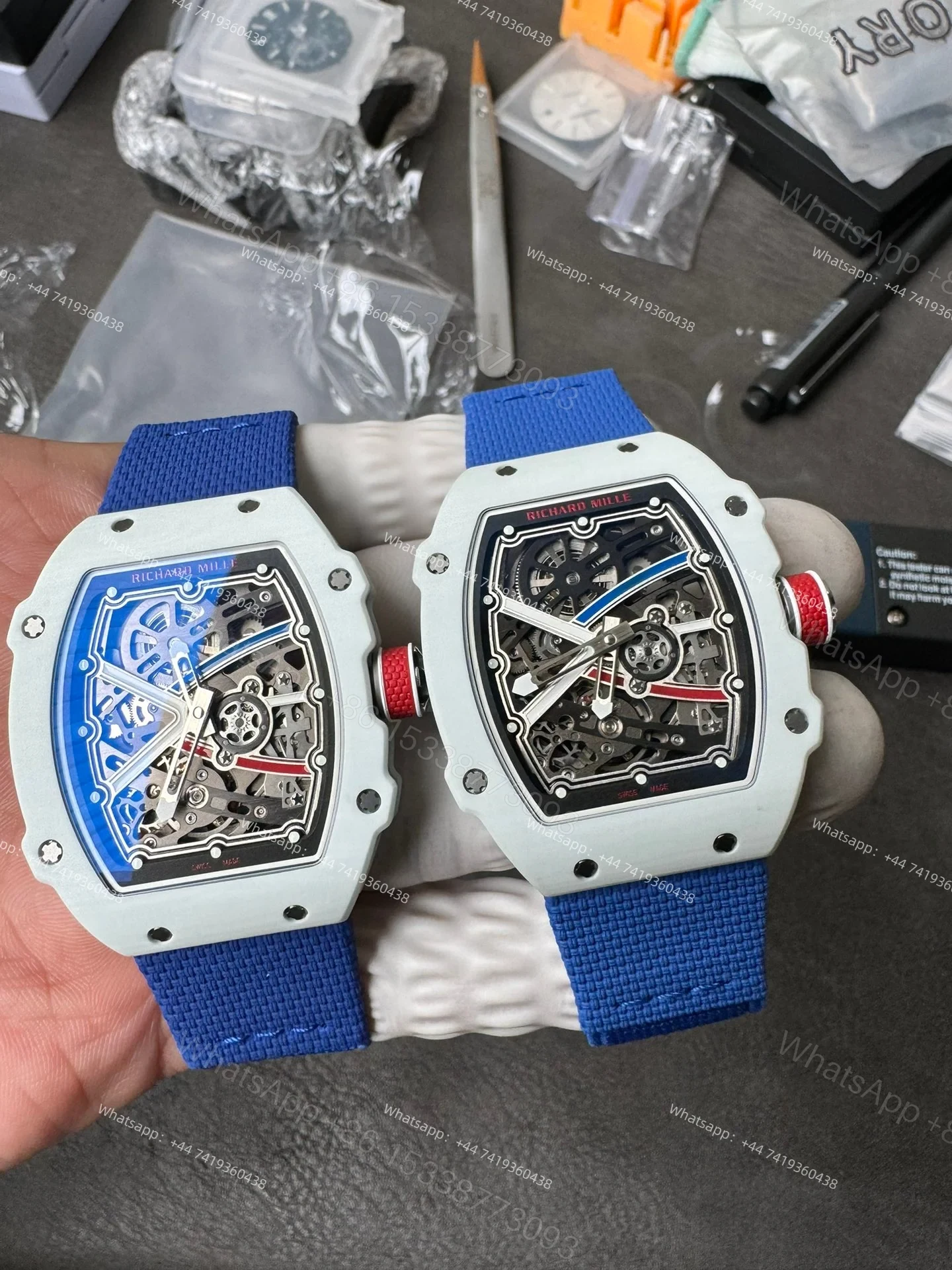 View 16 of Super Clone Richard Mille RM67-02 White Ceramic Skeleton Tourbillon 1:1 Replica Watch with Blue Strap