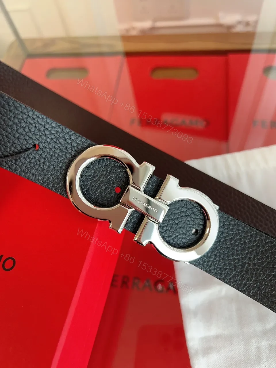 View 3 of Black Leather Belt with Double-Gold Hardware, Modern Architectural Twist