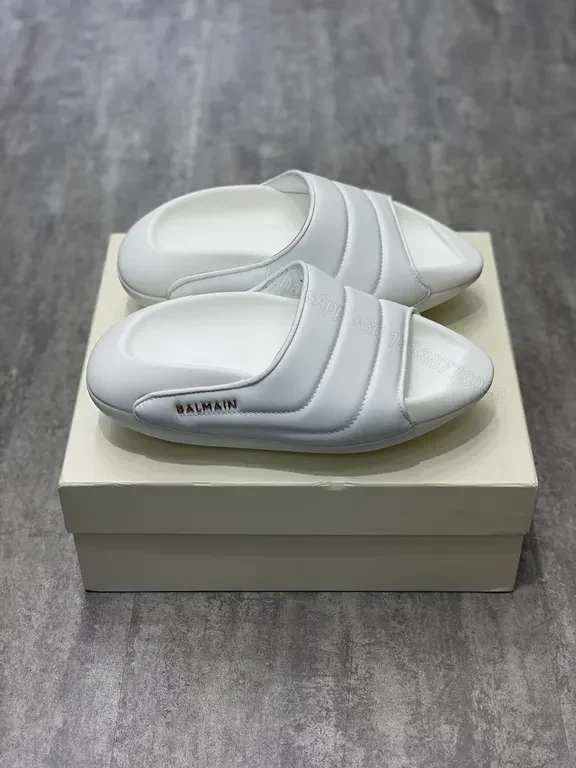 White Balmain Leather Slides – Contoured Comfort Slip-Ons — view 1