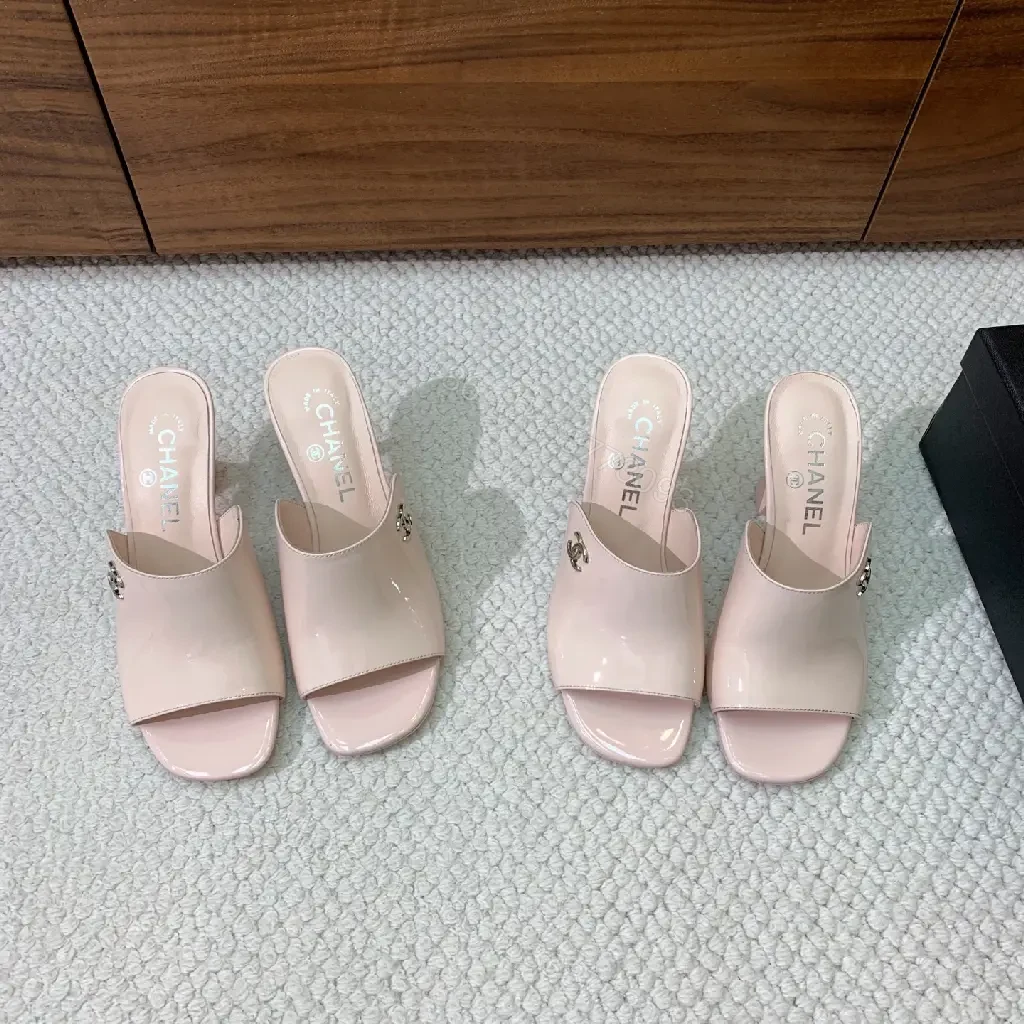 View 3 of Powder Pink Patent Slides with Iconic Twist, Mid-Heel Elevation