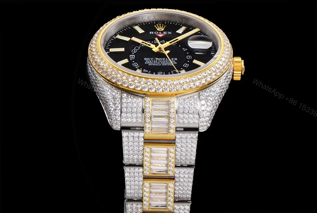 View 4 of Rolex Sky-Dweller Full Diamond Replica 42MM Exclusive Black Dial Two-Tone Bracelet RG-ROLEX-SKYDWELLER-DIAMOND-42