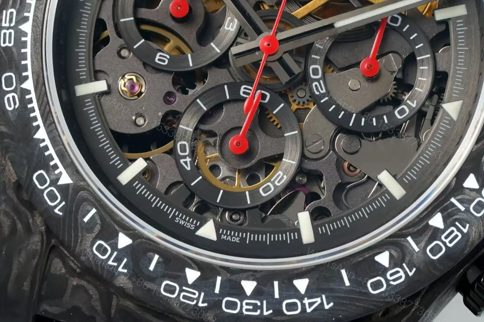View 3 of Rolex Daytona Skeleton Chronograph Red Accents Red Hands Edition 40mm RLX-DAYTONA-SKELETON-40MM-RED-ACCENTS-CHRONOGRAPH