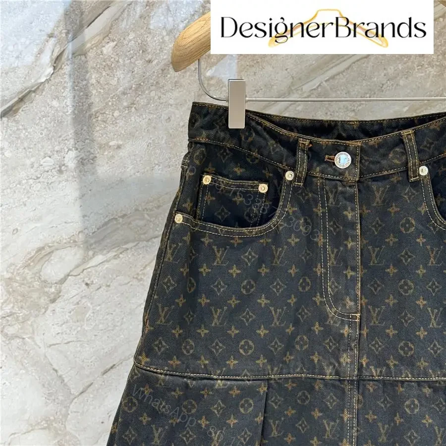 View 3 of Monogram-Denim A-Line Skirt with Visible Hardware