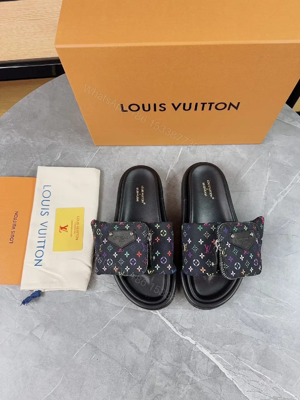 View 4 of Multicolor LV-Inspired Slide Sandals with Cushioned Footbed