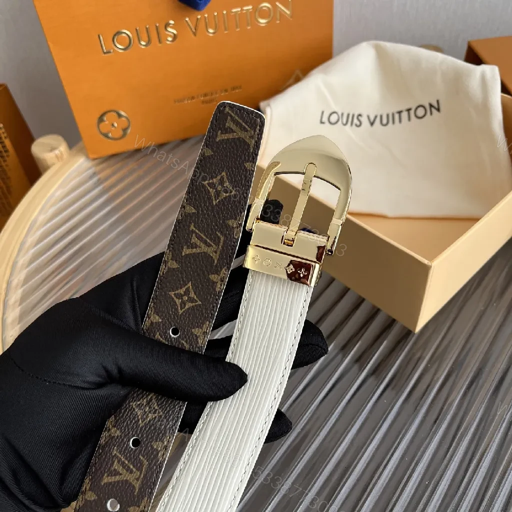 View 9 of White Leather Belt: Subtle Gold Buckle, Monogram Detail, Modern Luxury