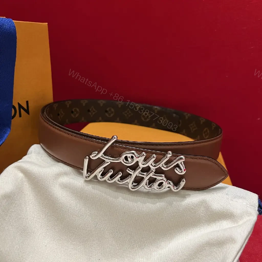 View 6 of Brown Leather Belt with Script Buckle – Modern Luxury Belt