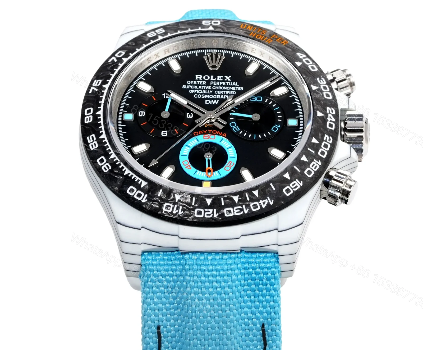 View 4 of Best Rolex Daytona White Turquoise Strap replica 40MM Black Dial Edition RG-DAYTONA-WHITE-TURQUOISE-STRAP-40