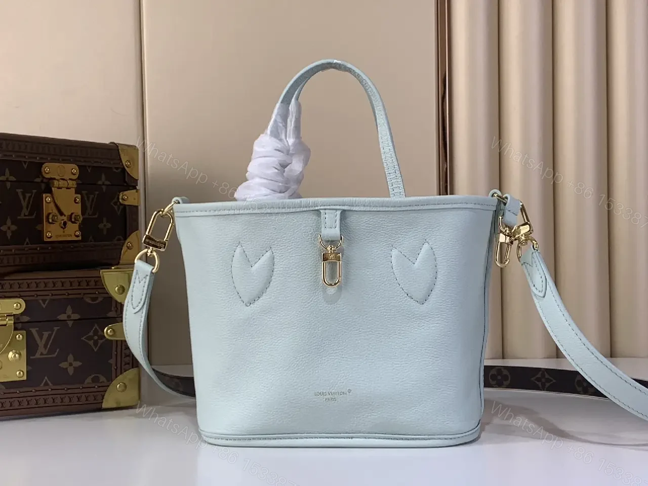 View 6 of Powder Blue Leather Trim Monogram Canvas Tote: Structured Luxury