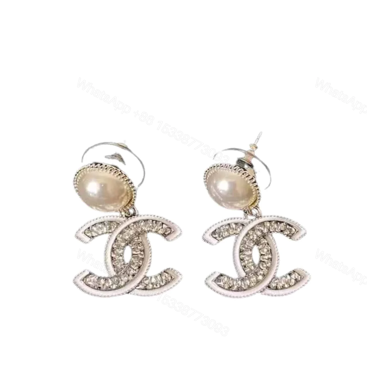 CHANEL DOUBLE C PEARL EARRINGS SILVER WHITE — view 1