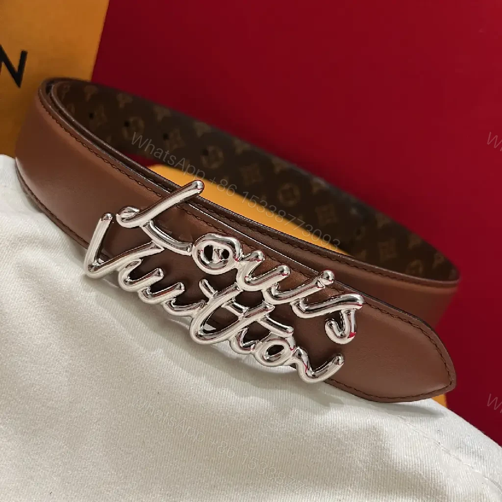View 5 of Brown Leather Belt with Script Buckle – Modern Luxury Belt